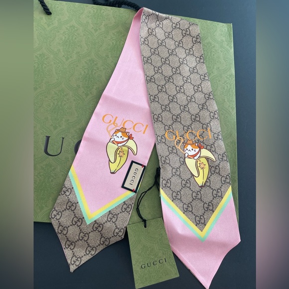 New GUCCI GG JACQUARD SİLK NECK BOW / SCARF - Picture 6 of 9